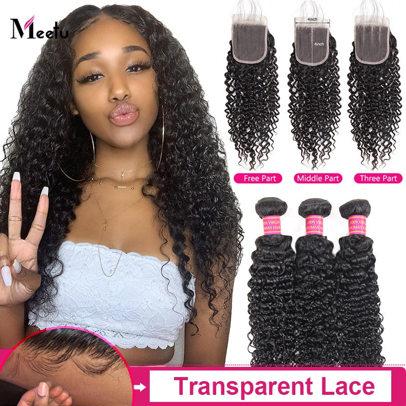 Meetu Malaysian Kinky Curly Bundles With Closure 3 Bundles with Closure 4x4 Inch Transparent Lace Closure With Bundles Non Remy