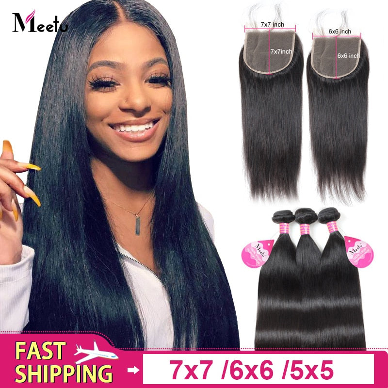 Meetu 7x7 Lace Closure with Bundles Malaysian Straight Hair Bundles with Closure Human Hair Bundles with 5x5 6x6 Lace Closure